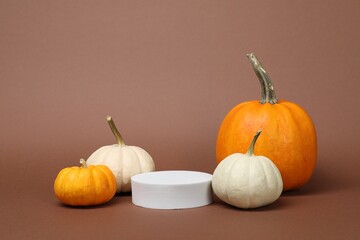Obraz na płótnie Canvas White round shaped podium and pumpkins on light brown background. Autumn presentation for product