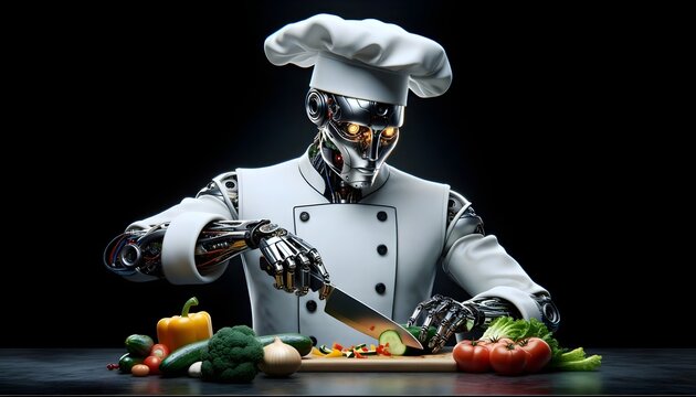 Humanoid robot dressed as chef  and chopping vegetables
