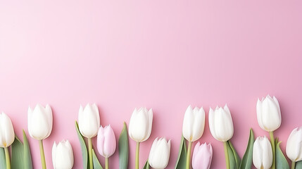 White tulips on a pink background.
