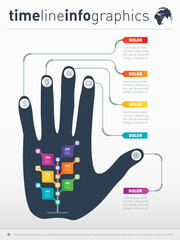 Business presentation concept with 6 options and icons. Info graphic of technology or education process. Part of the report with human hand and icons set.