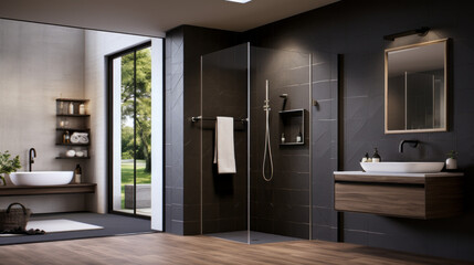  A luxurious bathroom features a walk-in shower with a rainfall shower head and a double vanity with a built-in mirror