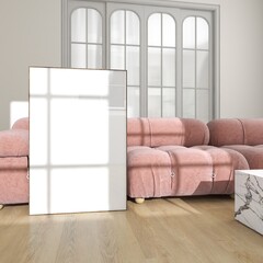 Mockup de cadre sur sol en bois contre un canapé rose, maquette intérieur tendance salon moderne, poster blanc avec reflet lumière, illustration 3D  - obrazy, fototapety, plakaty