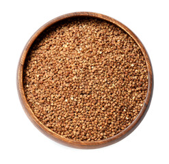 Bowl with dry buckwheat isolated on white, top view