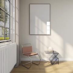 Vertical picture frame mockup on wall with window, pink chair and glass table. Modern interior design, blank white canvas mock up. 3D illustration.