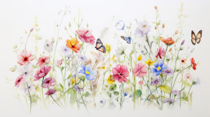 A pastel watercolor drawing of small colorful flowers and butterflies