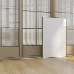 poster frame mockup standing on wood floor against corrugated glass door. Trendy modern interior, empty canvas mock up template, 3D render