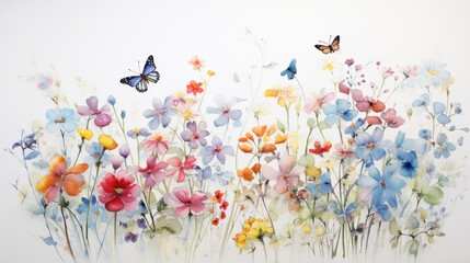 A pastel watercolor drawing of small colorful flowers and butterflies - obrazy, fototapety, plakaty