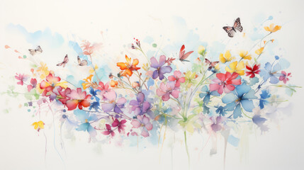 A pastel watercolor drawing of small colorful flowers and butterflies - obrazy, fototapety, plakaty