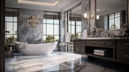 a luxurious bathroom with a large marble shower and a vanity with a marble countertop and a freestanding tub - obrazy, fototapety, plakaty