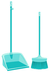 Une pelle et une balayette bleues avec un long manche pour faciliter le balayage, pratique. Ustensiles de nettoyage. Aide à l’entretient de la maison pour tous et personnes en situation de handicap.