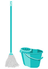 Un seau de nettoyage avec son balais serpilli&egrave;re &agrave; frange, bleu.