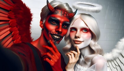 Devil and angel taking selfie - obrazy, fototapety, plakaty
