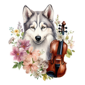 Husky dog, violin with flower Illustration, Generative Ai