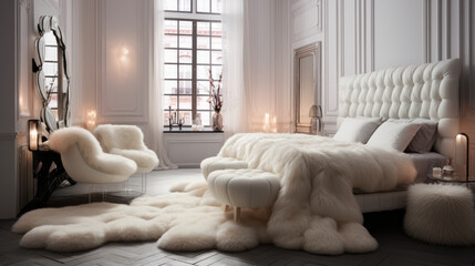 A luxurious bedroom features a tufted headboard and a white fur rug