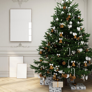 Three Christmas frames mockup in luxury interior. 3 empty canvas mock up with xmas tree and decorations, modern design. 3D illustration