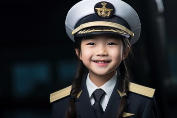 Portrait of a cute asian little girl in a pilot uniform - obrazy, fototapety, plakaty