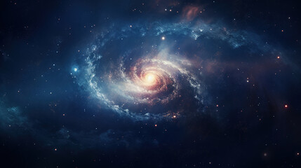 A view from space to a spiral galaxy and stars. Universe filled with stars, nebula and galaxy