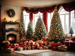 Fototapeta na wymiar Beautiful holdiay decorated room with Christmas tree with presents under it. Happy New year background