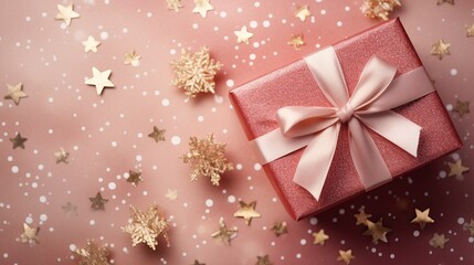 Christmas decorations on pink background with stars, top view with space for text