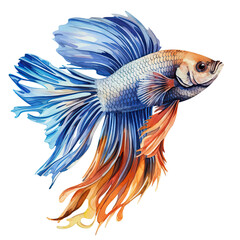 Beautiful striped fighting fish with big fins watercolor on transparent background PNG