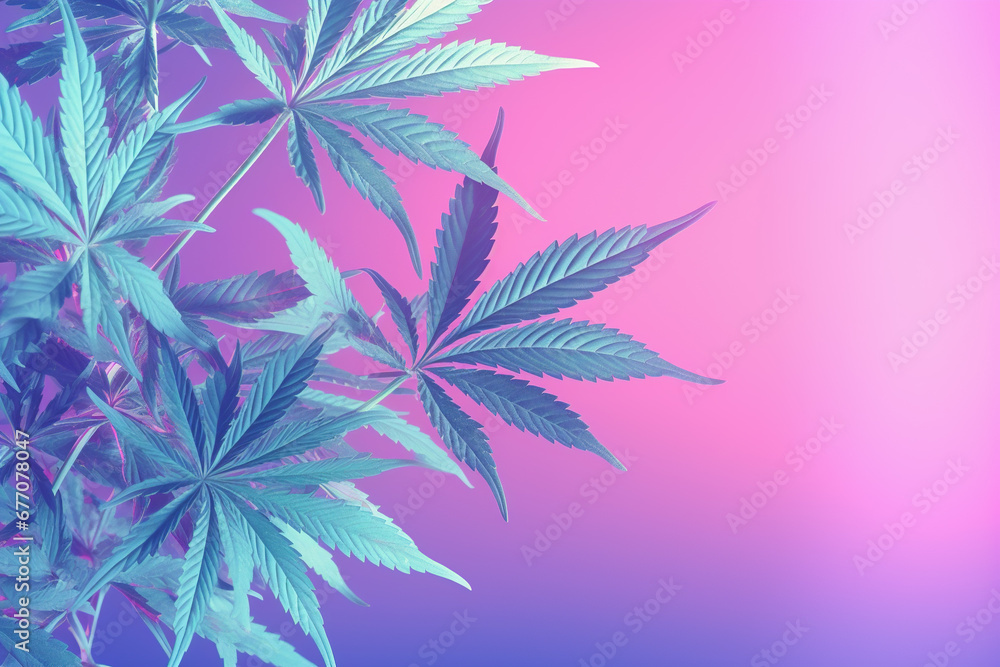 Poster cannabis leaves banner. cannabis marijuana foliage with a purple pink pastel tint. large purple leaf