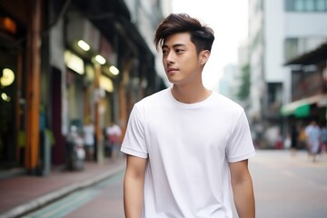 Fototapeta premium Handsome asian model wearing blank t-shirt for mockup design