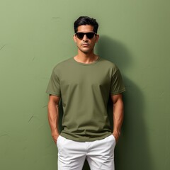 Handsome asian model wearing blank t-shirt for mockup design