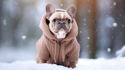 French bulldog wearing knitted clothes and walking outdoors. Winter fashion for dog