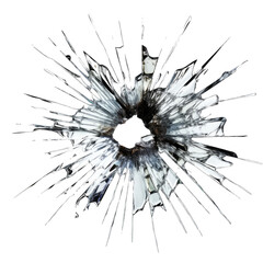 Bullet Hole in Broken Glass Isolated on Transparent or White Background, PNG - obrazy, fototapety, plakaty