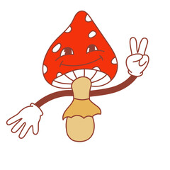 Groovy mushroom isolated on white background. Retro character, hippie 70s style. Vintage vector illustration