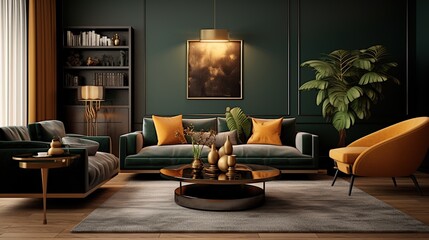 Living room, gold and dark green colors. Interior design