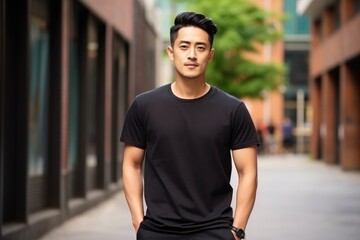 Handsome asian model wearing blank t-shirt for mockup design - obrazy, fototapety, plakaty