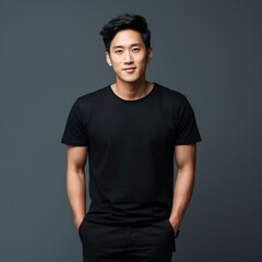 Obraz premium Handsome asian model wearing blank t-shirt for mockup design