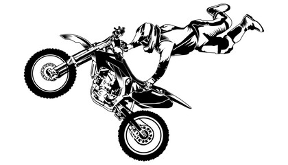 cross bike rider jumps in the air black and white stencil svg