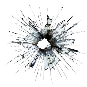 Bullet Hole in Broken Glass Isolated on Transparent or White Background, PNG