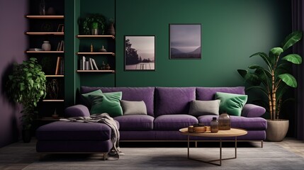 Living room, violet and dark green colors. Interior design