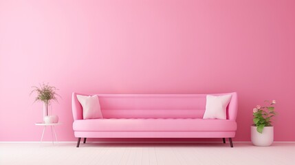 Pink interior with pink sofa and pink wall. - obrazy, fototapety, plakaty