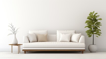 Bright luxury interior with white sofa and white wall.