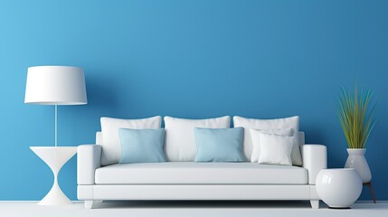 Fototapeta na wymiar Cool interior with white sofa and blue wall.