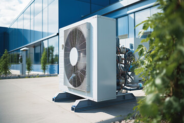 condenser unit or compressor outside factory plant. Unit of ac air conditioner, heating ventilation or hvac air conditioning system