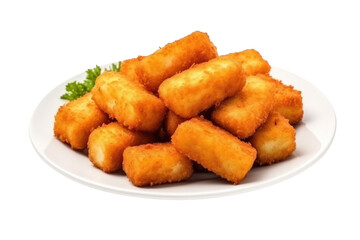 Fish sticks fried on white plate isolated on transparent background.