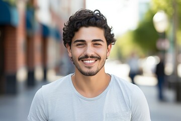 a hispanic young man smile at camera