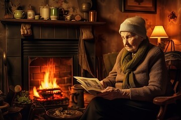 An elderly woman sits by the fireplace with a picture of her late spouse and book, loneliness