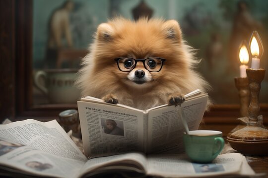 A pomeranian spitz is reading the newspaper, sitting in a chair