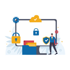 Cyber security data protection ilustration concept,people holding shield,computer data service,engineer,cloud computing,protect aplication data,virtual private network.Isolated Object.