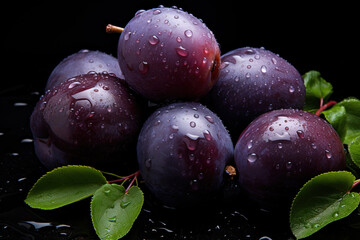 plums with leaves, Plum hit by splashes of water with a black blur background