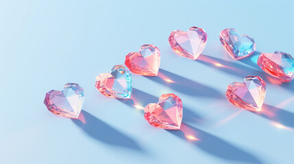 Crystal colorful hearts on blue background