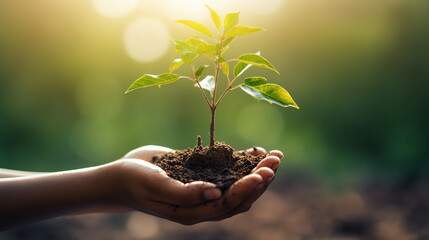 environment Earth Day In the hands of trees growing seedlings. Bokeh green Background Female hand holding tree