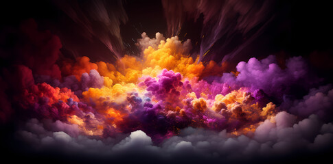 rainbow clouds in dark background, in the style of yellow and violet, photobashing, color splash, ultra detailed, dark violet and light crimson, three-dimensional effects, chromatic landscape