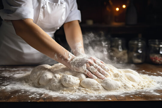 Close up hands of a chef clapping hands and preparing yeast dough for pizza pasta in white flour files air in background of modern restaurant. Cooking concept of food and cook.